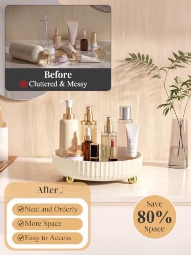 360 Rotating Makeup Organizer - Perfume Vanity Skincare Tray Beige