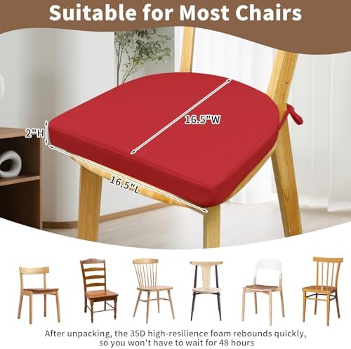 Chair Cushions for Dining Chairs 4 Pack 35D High-Density Foam Seat Cushions for Kitchen Chairs with Ties Non Slip and Removable Cover Chair Pads 16.5" x 16.5" x 2" (Red)