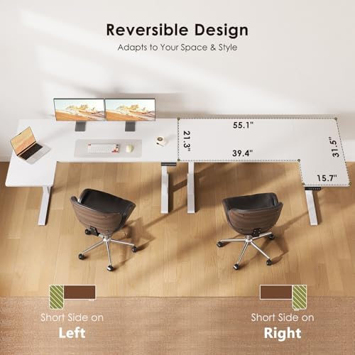 OffiGo 55 Inch Reversible L Shaped Electric Standing Desk, White