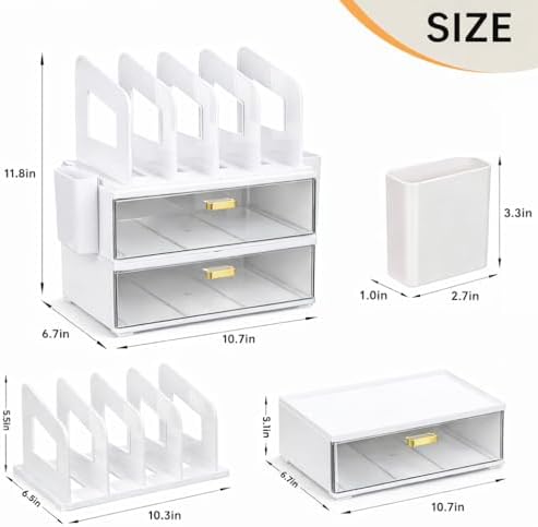 CiWiVOKi Desk Organizer with 4 File Slots and 2 Drawers, White