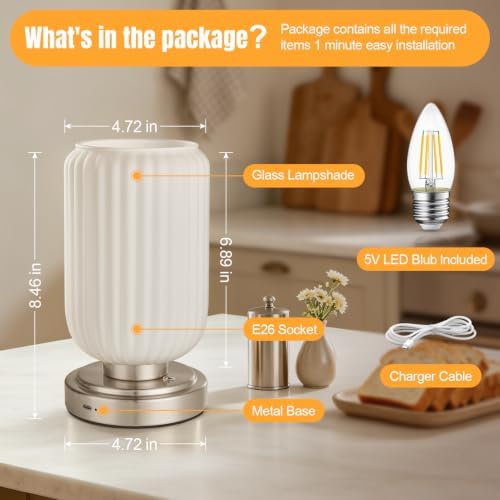 LightRound Cordless Table Lamp for Bedroom, Touch Stepless Dimmable