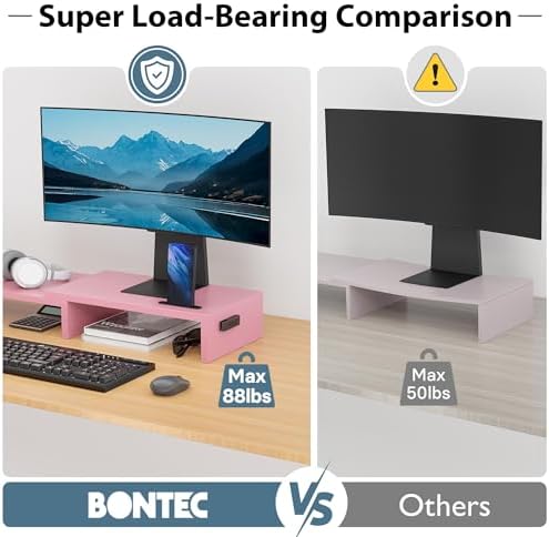 BONTEC Dual Monitor Stand Riser, Adjustable Length & Swivel Angle, Pink