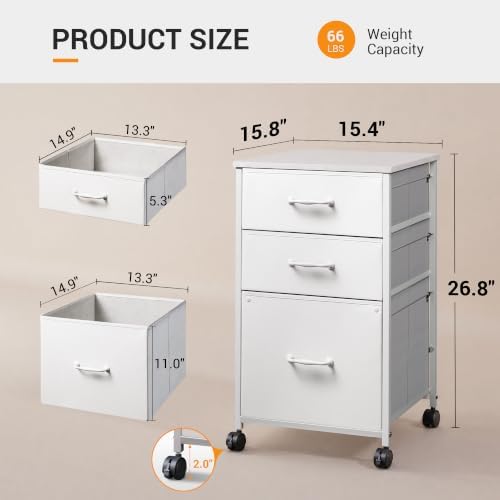 DEVAISE Mobile File Cabinet, Rolling Printer Stand with 3 Drawers, Fabric Vertical Filing Cabinet fits A4 or Letter Size for Home Office, White