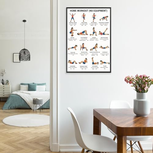 No Equipment Home Workout Poster, 16 Illustrated Full-Body Bodyweight Training Chart with Rep & Timing Guides, Beginner Friendly Full Physique Fitness Reference for Indoor Daily Cardio & Strength Building Routine(20x30inchs，Black Framed)