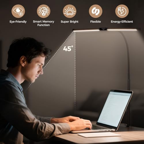 Voncerus LED Desk Lamp for Home Office, Double Head Desk Light with Clamp