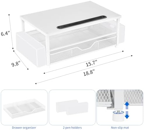 AUPSEN White Monitor Stand Riser, 2-Tier Wood Computer Desk Organizer with Drawer, Pen Storage & Phone Holder, Office Desk Accessories Desktop Organizer for Office Supplies (White)