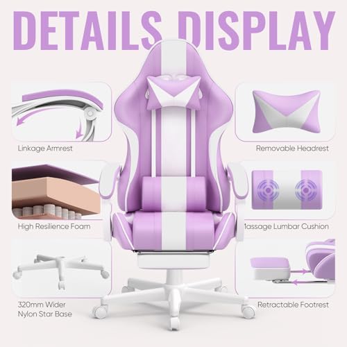 Ferghana Gaming Chairs, Ergonomic Racing Style PC Game Computer Chair with Headrest Lumbar Support Adjustable Recliner PU Leather Video Computer Chair(Light Purple)