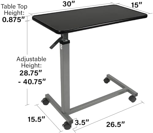 Vaunn Medical Cart Adjustable Overbed Table with Wheels – Rolling Bedside Table for Hospital, Portable Standing Cart & Laptop Desk for Bed, Couch, Wheelchair
