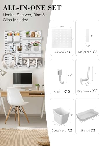 Pegboard Wall Organizer Set – 4 Peg Boards with Hooks & Shelves – Office, Kitchen, Gaming Room Desk Pegboard Storage – Peg Board Wall Display Rack (White)
