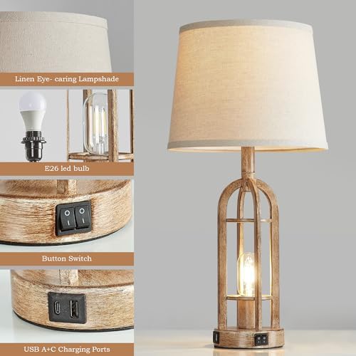 SRJJA 24" Farmhouse Table Lamps for Living Room Bedroom Set of 2, USB A+C