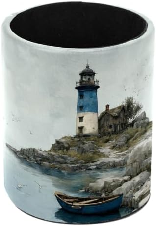 Leather Pen Holder for Desk, Coastal Lighthouse Pencil Cup Pen Organizer Makeup Brush Holder for Office Home Kids Countertop Desk Accessory Storage