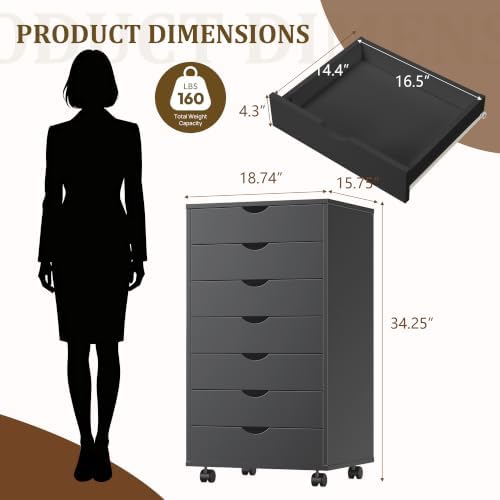 7 Drawer File Cabinet, Under Desk Storage Drawers with Wheels, Black