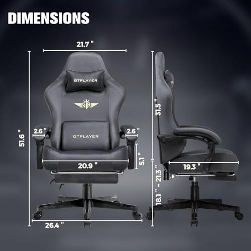 GTPLAYER Big and Tall Gaming Chair 400lbs Heavy Duty Office Chair with Foot Rest, High Back Pocket Spring Ergonomic Computer Chair for Adults, Wide Comfy Seated Cushion with Linkage Armrests, Grey