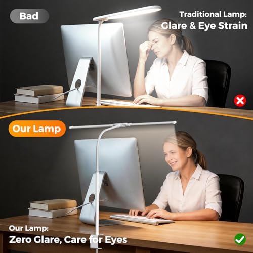 SKYLEO LED Desk Lamp with Clamp - Double Head Desk Light with Remote and Touch - Eye Protection - 12 W, 5 Color Modes, Timer and Memory Function, Flexible Gooseneck - for Office, Reading - White