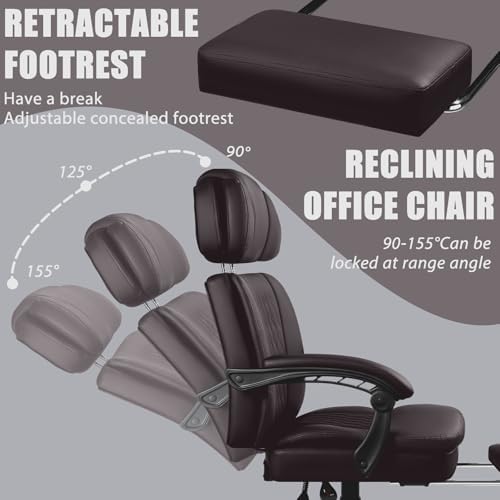 LEMBERI 400lbs Executive Office Chair with Foot Rest, Ergonomic Heavy Duty Big and Tall Desk Chair with Adjustable Headrest, High Back PU Leather Comfy Computer Chairs for Long Hours (Brown)