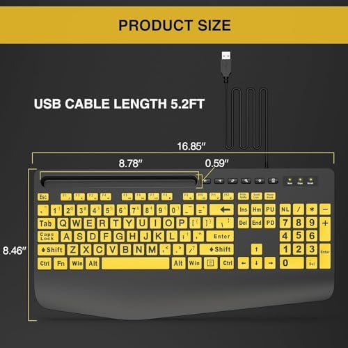 SABLUTE Large Print Computer Keyboard, Wired with Wrist Rest(Yellow+Black)