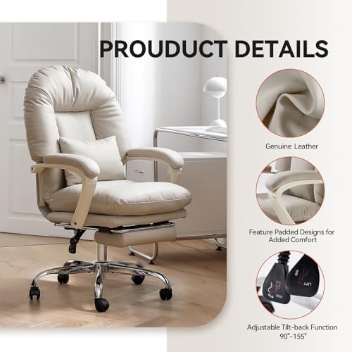 EMIAH Office Chair with Foot Rest Criss Cross Chair, Genuine Leather, Beige