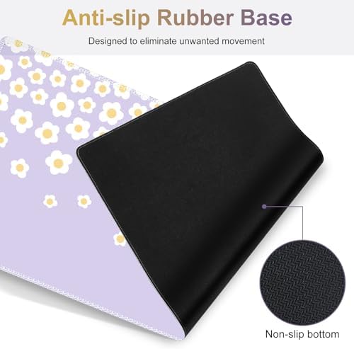 Desk Mat Gaming Mouse Pad, Cute Desk Matt Keyboard Wrist Rest for Desktop, Anti-Slip Mousepad w/Stitched Edges, XXL Large Mouse Pad with Wrist Support for Desk Computer I Lavender Happy Flowers