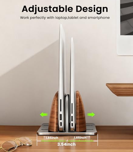 LOXP Vertical Laptop Stand, Dual Slot Wooden + Aluminum Laptop Holder