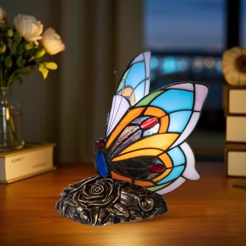 Tiffany Style Butterfly Lamp - Stained Glass Table or Desk Light LED Bulb Included - Colorful Vintage Look Butterfly Decor for Bedroom Living Room Office