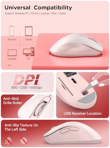 RAPIQUE Bluetooth Wireless Mouse, Dual Bluetooth & 2.4G USB Receiver, Pink