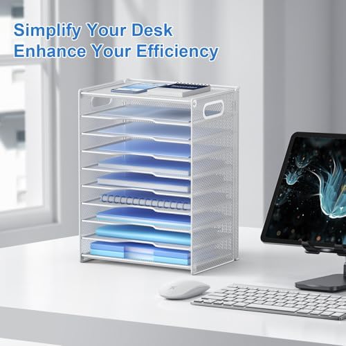 OUTWOLF 10 Tier Paper Organizer - Letter Tray Mesh Desk File Organizer with Handles for Office School Desktop, White