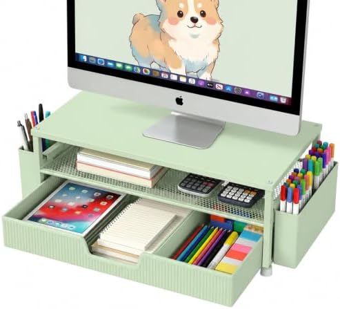 ECOLOVI Desk Organizer and Accessories, 2-Tier Computer Monitor Stand Rise with Storage Drawer & 2 Pen Holders, Laptop & Printer Stand for Desktop, Workspace Organizers for Office Supplies (Sage Green)