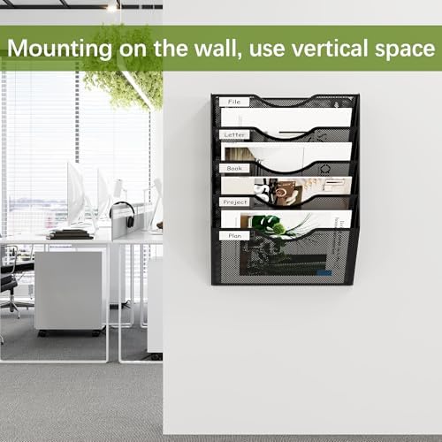 EasyPAG Wall File Organizer 5 Tier Hanging Paper Folder Holder, Zero Assembly Metal Mesh Wall Mounted Mail Organizer for Office Home Classroom Narrow Spaces, Black