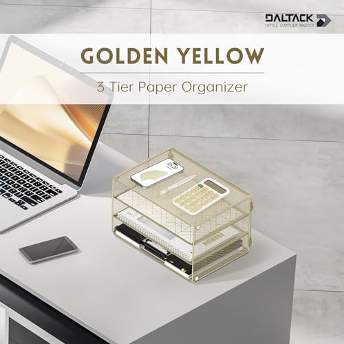 DALTACK 3 Tier Letter Tray Paper Organizer with Sliding Mesh Trays Yellow