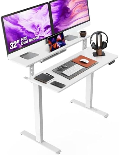AVLT 47″ Electric Standing Desk with Dual-Tier Shelf & Tablet Holder White