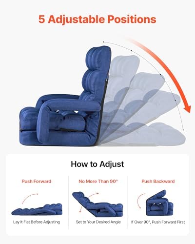 VEVOR Floor Chair, 5 Adjustable Positions Folding Floor Gaming Chair with Back Support, Armrests, and Cushion, Sturdy Metal Frame with Recycled Foam and Linen Fabric, for Reading, Relaxing, Dark Blue
