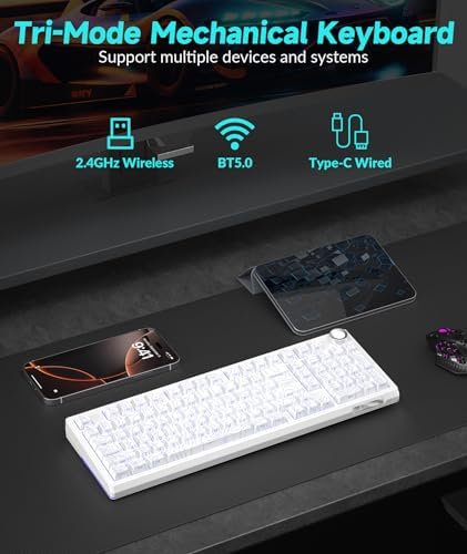 SOLAKAKA KI99 Pro 96% Wireless Mechanical Keyboard, RGB Gaming Keyboard, Hot-Swappable Pre-Lubed Switches, Gasket Structure Creamy Keyboards (Contour-Style White, Non-Silent Version)