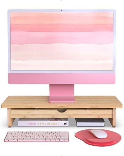 23” Monitor Stand with Large Drawer Keyboard Storage,Bamboo