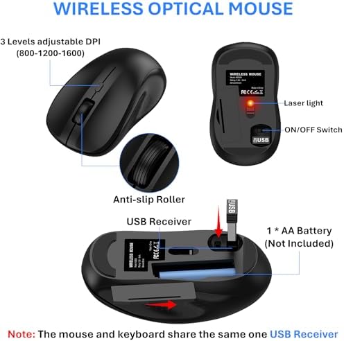 Wireless Keyboard and Mouse Combo, Full-Size Silent Ergonomic Keyboard and Mouse, Sleep Mode, Long Battery Life, 2.4G Lag-Free Cordless Mice Keyboard Set for Computer, Laptop, PC, Mac, Windows (Black)