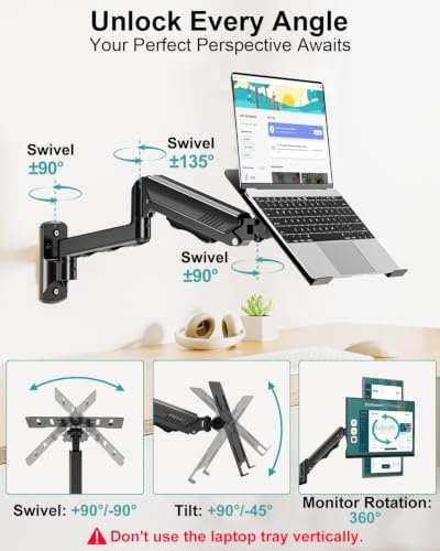 MOUNT PRO Laptop Wall Mount, 2-in-1 Monitor Wall Mount with Vented Tray for 11-17" Notebook/13-32 Computer Screen, Full Motion Adjustable Laptop Holder Stand, Laptop Arm Holds 4.4-19.8 lbs