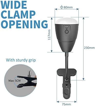 5000mAh Rechargeable Clip on Light, LED Reading Light, 3 Color Modes & Stepless Dimming, Cordless Reading Lamp with Clamp for Bed, Desk, Bedside Table, Camping