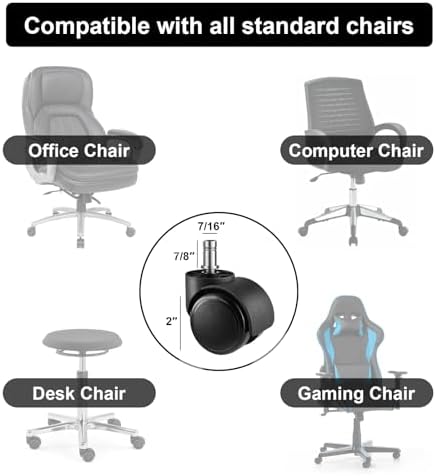2 Inch Wheels for Office Chairs Replacement, 5PCS Mute Heavy Duty Rubber Rotating Computer Desk Chair Caster, Safe for All Wood Floors Carpet, Universal Standard Stem Size Fits 99%