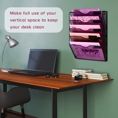 5 Pockets Mesh Wall File Holder Organizer Office Hanging File Folder Magazine Rack, Nametag Label Hooks Set Included (Black)