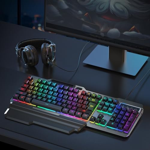 cimetech Wired Gaming Keyboard, Rainbow LED Backlit Anti-ghosting Computer Keyboard with Wrist Rest, Spill-Resistant Design, Multimedia Keys, Quiet Ergonomic Keyboard for Windows Laptop PC Mac