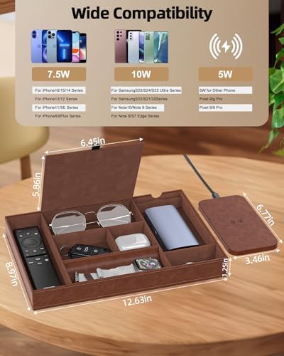 Leather Valet Tray with Wireless Charging Pad - Luxury EDC Nightstand Organizer for Men - Premium Desk Tray for Phone, Watch, Glasses & Keys - Sleek Office Desk Accessories & Gift for Him, Brown