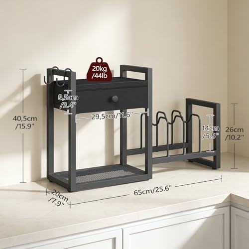 MAHANCRIS Desktop Shelf Organizer, 2-Tier Wooden Desk Bookshelf, Small Tabletop Book Shelf with Draw and Hooks, Countertop Storage Rack for Home, Office, Dorm, Black POBK2201