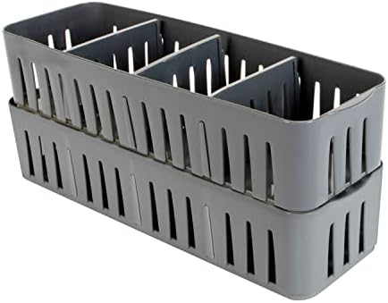 Simplify 2 Pack 4 Compartment Stackable Bin with Adjustable Dividers | Drawer Organizer | Storage Basket | Good for Office | Desk Supplies | Dorm |Bathroom | Accessories | Make Up | Grey