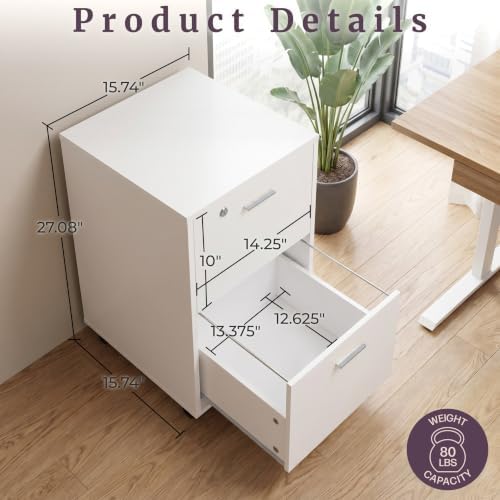Lavish Home 2-Drawer Wooden File Cabinet with Lock, White, 16” x 27”