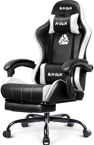 N-GEN GAMING Gaming Chair, Footrest, Lumbar, High-Back, White Black
