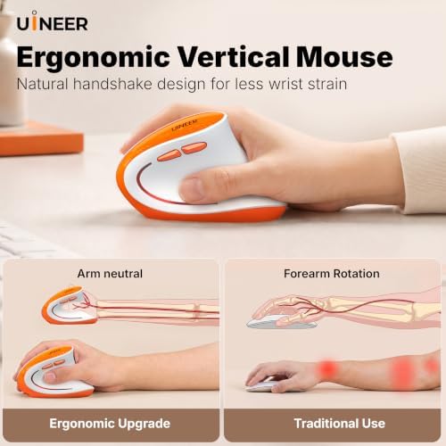 Uineer Ergonomic Vertical Mouse, Tri-Mode Wireless, Rechargeable, 4 DPI