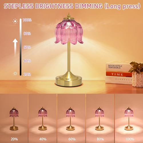 Cordless Table Lamp, Rechargeable Purple Glass Lotus Flower Lamp