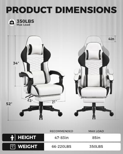 LUCKRACER Gaming Chair with Footrest and Pocket Spring Cushion, 90°-155° Reclining Ergonomic Computer Chair, 4" Height Adjustable, Lumbar Support, SGS Class 3 Gas Lift, White