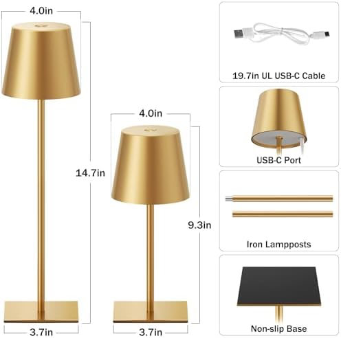 Kakanuo Gold Rechargeable Table Lamp, Cordless Battery Operated Lamp Set