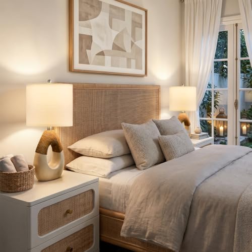 OYEARS 19'' Boho Small Table Lamps Set of 2 for Bedroom, Farmhouse Bedside Lamps with Rattan Rope for Living Room, Nightstand Lamps for Side End Table Sofa Entryway Home Decor, White and Beige