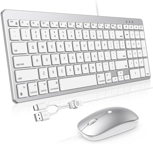 Wired Keyboard and Mouse for Mac, USB-C & USB-A, Number Pad, Silver White